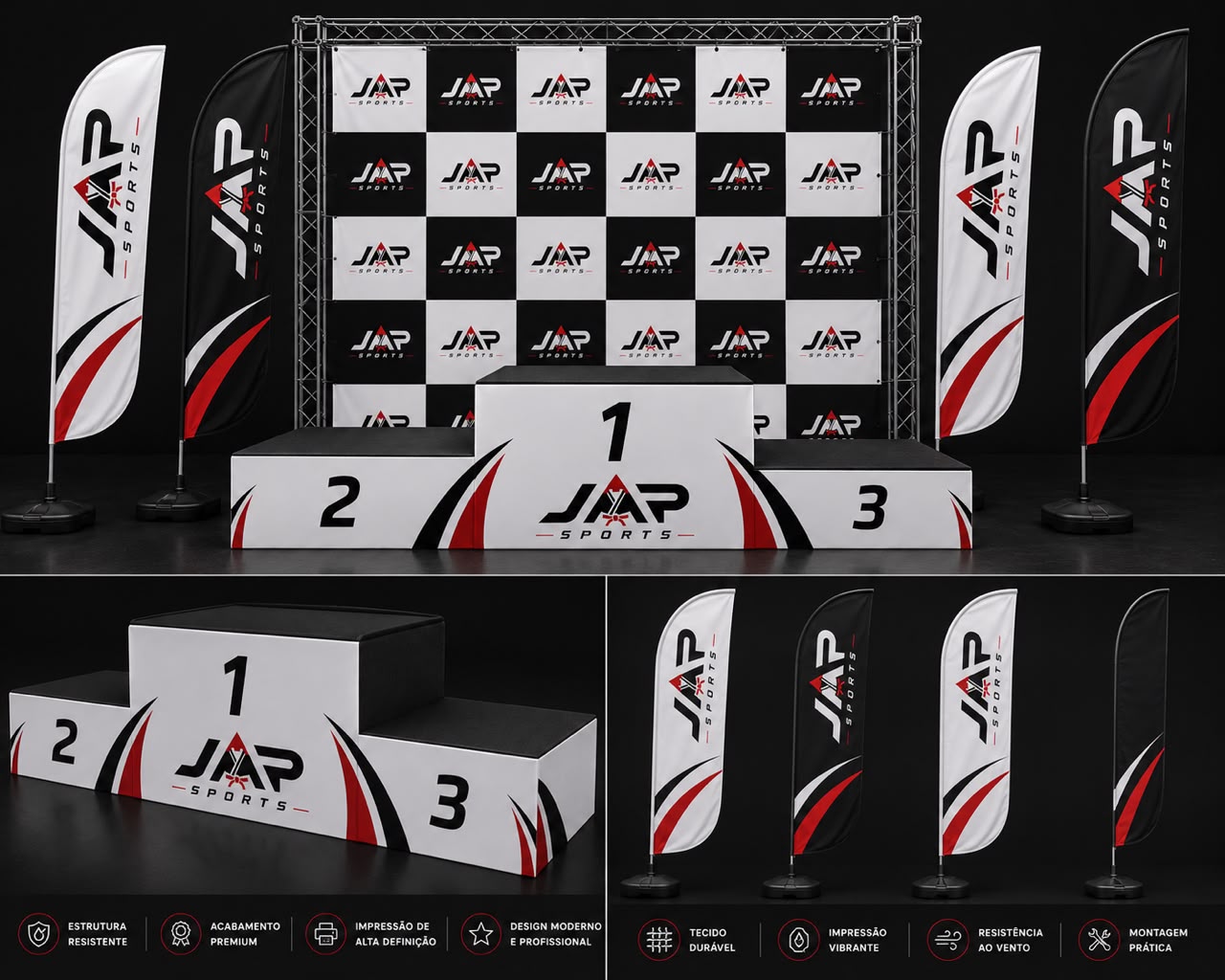 Pódio, backdrop e windbanners JAP Sports
